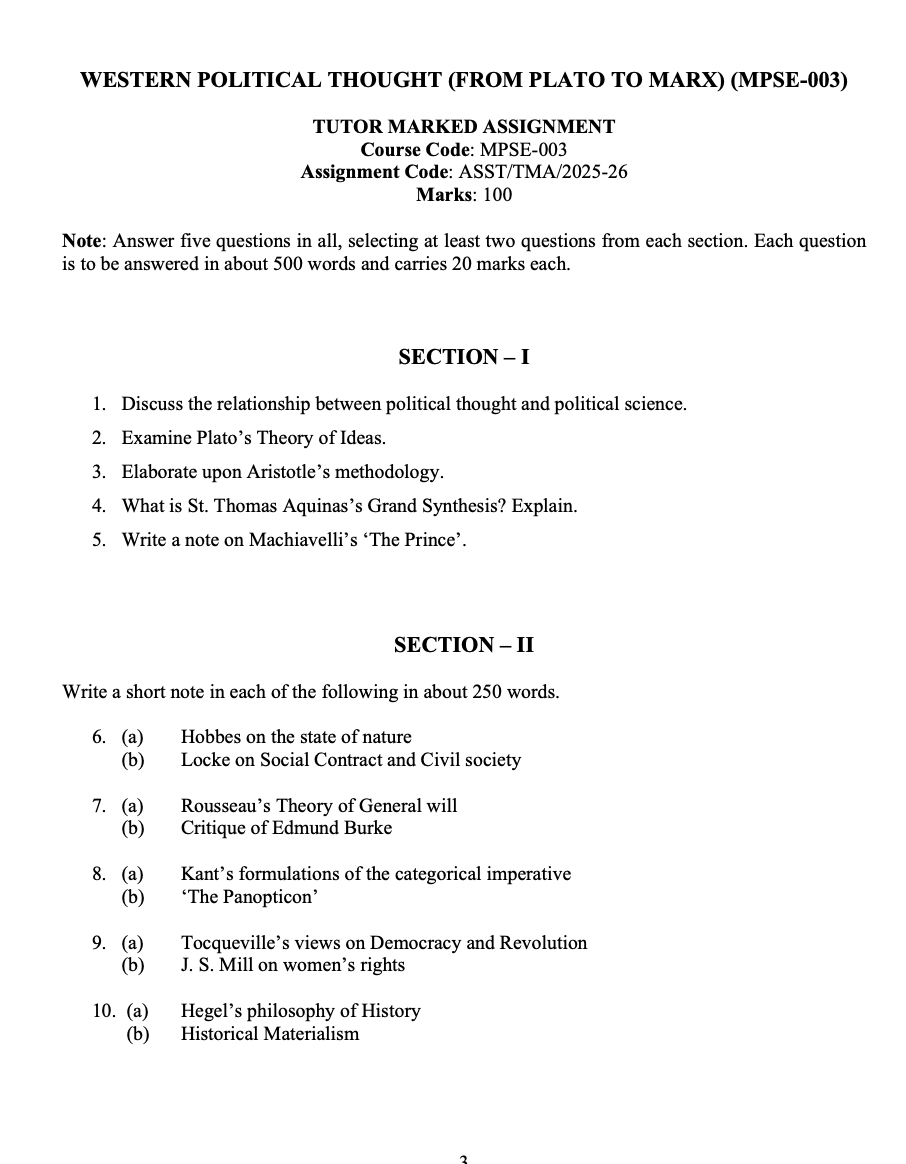 MPSE 003 - WESTERN POLITICAL THOUGHT (FROM PLATO TO MARX) - IGNOU SOLVED ASSIGNMENT 2025-26